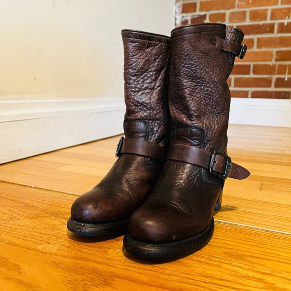 Frye Vera Short Engineer Motorcycle Belted Brown Leather Boots - Size 5.5 - Picture 4 of 16